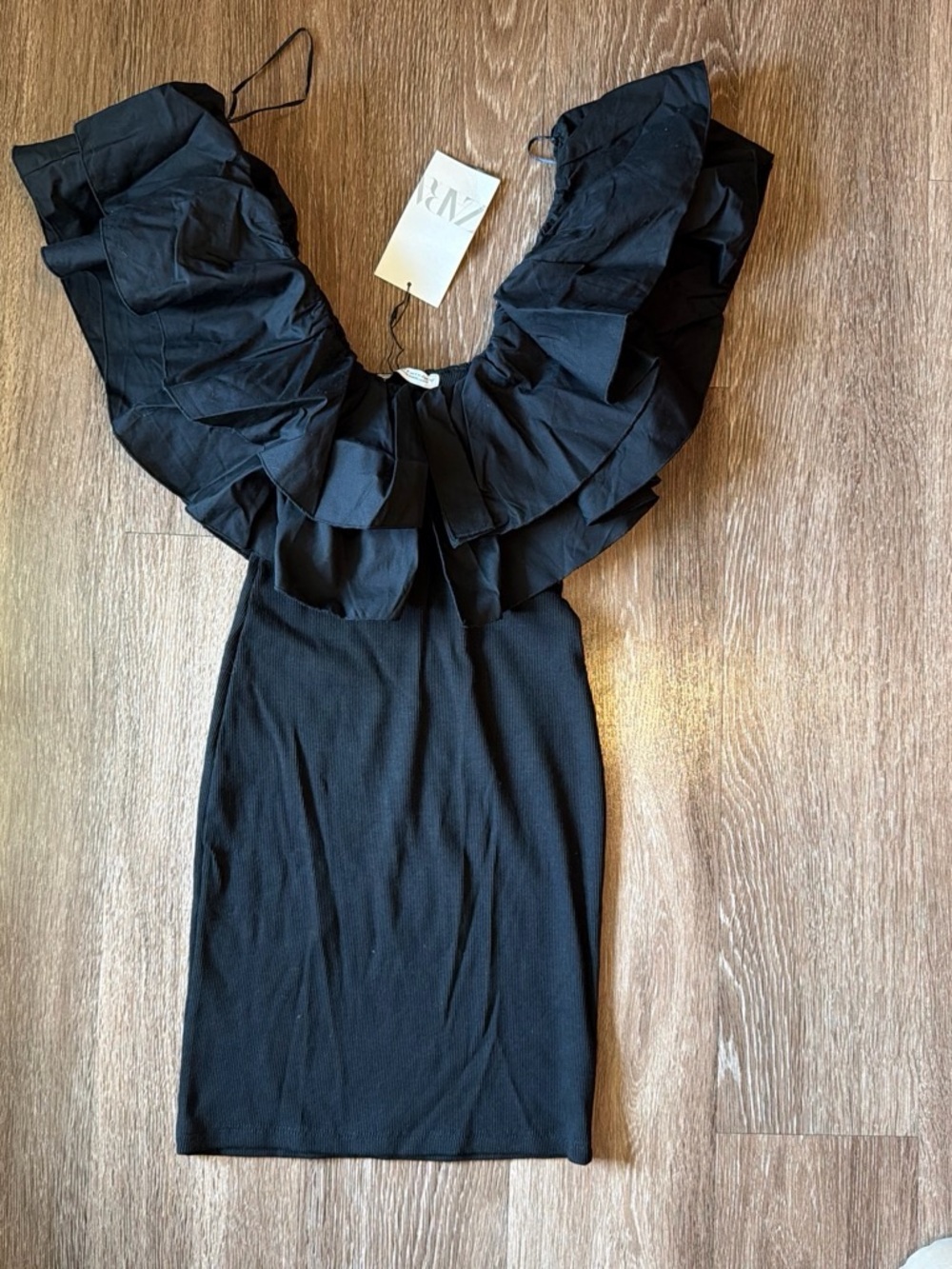 Zara Black Mini Dress with Layered Ruffle Off-Shoulder Neckline